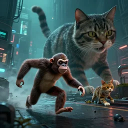 a 🐭 fleeing terrified & a huge cat 🐱, by mark ryden in cyberpunk environment, 4 k ultra high resolution, horror, long camera shot