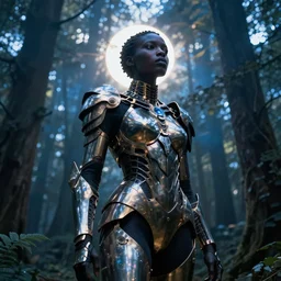 neo-surreal very beautiful! black woman, detailed exoskeleton armor in a forest, sun behind her, concept art brad kunkle elson peter, dramatic blue light low angle hd 8k sharp focus