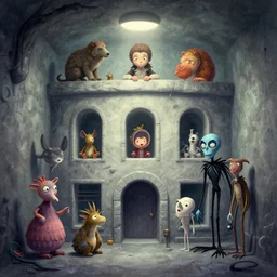 underground house with unusual animals. digital drawing by richard scarry, jean pierre jeunet, tim burton, tomm moore, wes anderson. high quality, smooth, 4 k.