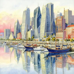 a beautiful insanely intricate watercolor illustration of modern harbor, reflexions, colorfull, by william turner art, by greg rutkowski, by james jean, by rossdraws, by frank franzzeta, by sakimichan, by edmund dulac, trending on artstation, insanely detailed, masterpiece,