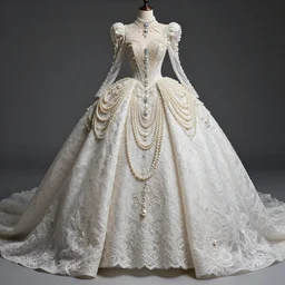 very detailed long designer gown, with pearls, and lace, high octaine, very detailed render, cinematic
