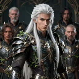ominous assassin, handsome male, white long hair, octane, armor, vines, realistic 3 d render portrait by wlop, artgerm, ilya kuvshinov, akihiko yoshida, greg rutkowski, karl spitzweg. unreal engine, deviantart, ray tracing. sharp focus, highly detailed, intricate background, post processing