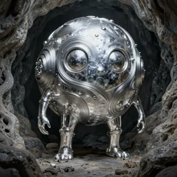 silver spherical golem in cave, intricate, elegant, highly detailed, digital painting, artstation, concept art, smooth, sharp focus, illustration, giger, daren bader, aleksi briclot,
