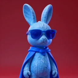 rabbit groot as marble statue with sunglasses, blue sunglasses, in red background, soft blue texture, blue realistic 3 d render, high blue lights, 4 k, high detailed photography, 5 0 mm lens, rich blue colors, smooth gradients, depth of field, cinematic, hyper realism, high detail, octane render, unreal engine, 8 k, blue cape