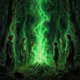 a spirit wisp mote forest by simon stalenhag and gillis rombouts and greg rutkowski and beeple and anton fadeev, hyperrealism! chiaroscuro!!!! tonalism! vibrant! desaturation, high contrast, highly detailed, volumetric lighting, green wisp flames