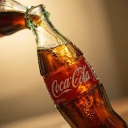 bottle of coca - cola, droplets flow down the bottle, soft warm light, ultra quality, super detail, play of light, yellow light shining through, focus unreal engine 5,