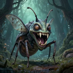evil fairy, big teeth, scary, horror creature, insect monster, fairytale