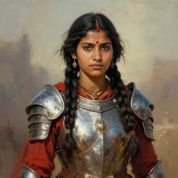 stunning, breathtaking, awe - inspiring award - winning concept art portrait painting by steve mccurry of a beautiful young hindu woman warrior with long braided hair, in armor