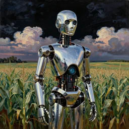 portrait painting of a farmboy robot made of shiny reflective chrome in front of rolling cornfields and beautiful clouds at dusk, painted by norman rockwell. pulp sci - fi art for omni magazine. high contrast. dark background. baroque period, oil on canvas. renaissance masterpiece. trending on artstation. retrofuturism.