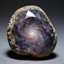 a roughly cut gemstone with a galaxy inside it. Contained in a museum, realistic, highly detailed
