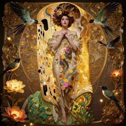 a beautiful intricate beatutifull woman with birds, ultra - wide angle, baroque, elagant, highly detailed, photorealistic, glowing flowers, octane render, 8 k, unreal engine, by william turner, by victo ngai, by alphonse mucha, by gustav klimt, hd, trending on artstation, hyper detailed, cinematic, intense colors