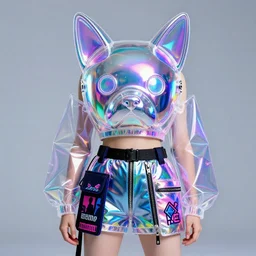 a portrait of a girl y 2 k wearing fashion trend cyberdog fashion trends - - holograms, reflective shiny materials, transparent plastics, the emphasis on utility ( belts, zippers, pockets ), and rave iconography