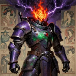 composition portrait of gothic and futuristic, warhammer, cyber japan style armor, more and more scars, thunderstorm, fire head, purple, green and red, highly detailed, artstation, in the style of moebius, jugendstil and classic japanese print, art by jean delville and rene magritte