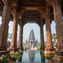 photography of a beautiful archipelago of never seen before stunning ancient indian temple. intricate pilars patern, runes. water and flowers. inspiring science fiction, intricate, elegant, uplifting, inspirational, highly detailed by beksinski and simon stalenhag