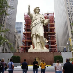 a giant fantastic statue being built in new york city, with people admiring around. 1 9 3 2
