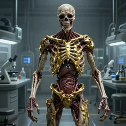 concept art of a sci-fi laboratory containing zombie with body made of exposed guts and veins, dripping golden shiny metalic cascade of fluid from ribcage