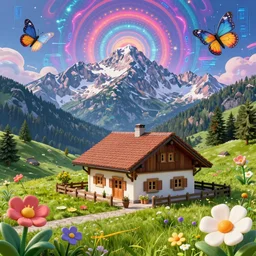 3 d render of matte painting of mountain cottage szene in beautiful mountain landscape in the bavarian alps against a cyber landscape, psychedelic surreal background with 3 d butterflies and 3 d flowers n the style of 1 9 9 0's cg graphics, lsd dream emulator psx, 3 d rendered y 2 k aesthetic by ichiro tanida, 3 do magazine, wide shot