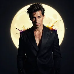 representation of Toni mahfud with a sensual facial expression, tim walker photography, rim light, full frame, cinematic lighting, photo-realistic, men's fashion of year photography, colour splash, studio lighting