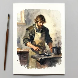 small centered on watercolor paper, paint brush strokes, abstract watercolor painting of medieval blacksmith with apron, cinematic light, national romanticism by hans dahl, by jesper ejsing, by anders zorn, by greg rutkowski, by greg manchess, by tyler edlin