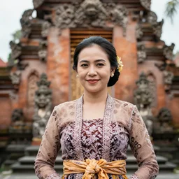 a women wearing batik bali in bali. temple background. front view. instagram holiday photo shoot, closeup