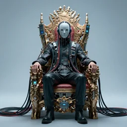 person on throne with head hooked up to cables and machines, coherent, cyberpunk