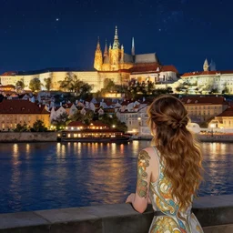 a girl watching from the river of a city resembling prague, paris, and venice at night with the sky full of stars, intricate, elegant, highly detailed, digital painting, artstation, concept art, smooth, sharp focus, colored illustration for tattoo, art by krenz cushart and artem demura and alphonse mucha,