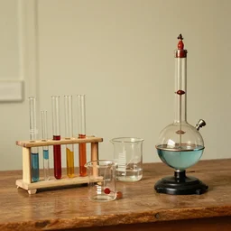 artdeco retro image of retro chemistry school equipment. test tube, beakers and bunsen burner on a wood bench