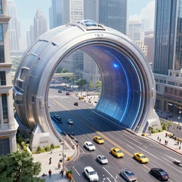 intergalactic stargate portal in the middle of a bustling city, with cars and people going about their business oblivious to the strange thing in their midst by thomas kinkaid