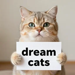 realistic high quality photo of a cute cat holding a sign with text that reads : dream cats