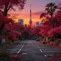 a beautiful very detailed illustration of parking lot urbex by frederic edwin church, evil infrared studio ghibli sunset hyperrealism dramatic lighting nature retrowave rainforest tokyo, archdaily, wallpaper, highly detailed, trending on artstation.
