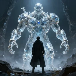 a man stand in front of a Crystal Golem, Fantasy Art