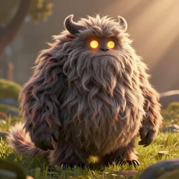 shaggy fluffy monsters glowing eyes, detailed, concept art, low angle, high detail, warm lighting, volumetric, godrays, vivid, beautiful, trending on artstation, by jordan grimmer, huge scene, grass, art greg rutkowski