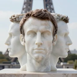 3 d marble human head of emmanuel macron, perfect symmetry, symmtrical head, paris in the background, translucent