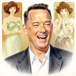 tom hanks lauging, colored pencil portrait painting by richard schmid, thomas moran, studio ghibli, loish, alphonse mucha, fashion photography