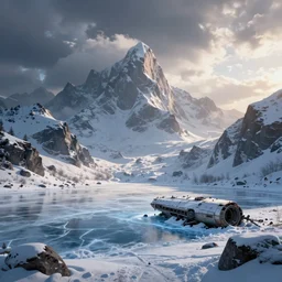 beautiful render of a winter landscape, unreal engine, first light, majestic mountains, frozen lake, snow, dramatic clouds, crashed ancient spaceship, soft light, by greg rutkowski, cgsociety