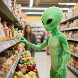mid shot of a green alien buying groceries at the store shot by amanda carlson and alex strelkovv, professional photo, masterpiece, very detailed, 4 k