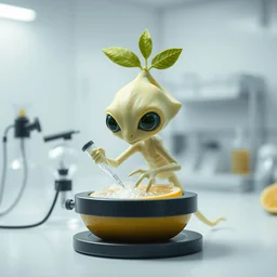 cute looking lemon alien, in a lab doing alien experiments on a lemon, fantasy, science fiction, highly detailed, white lab, modern alien lab mist