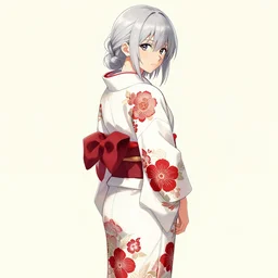 beautiful girl, silver hair, white kimono with complex red flower patterns, full body, looking to camera(, showing her shoulder from back), ilustration by ((Takehiko Inoue)) ((and Krenz Cushart))