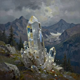 moody oil painting of crystal mountains, tilt shift, fish eye lens