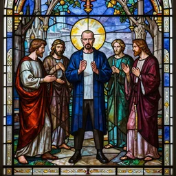 still of glass work of jesse pinkman and the 1 2 apostles of breaking bad in stained glass, scene set in a church, biblical, praise jesse pinkman, mythological, by harvey littleton, by vera liskova, by lino tagliapietra, by dale chihuly, beautiful composition