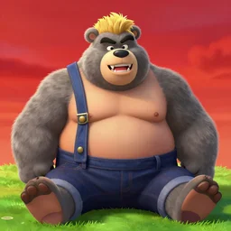 つくしあきひと blushing bear man chubby sumo wrestler anthro blonde hair tuff on head, grey fur, disney country bears animatronic bloody sharp teeth wearing overalls flannel posing seductive, sitting in grass, red sky third impact style in akihito tsukashi