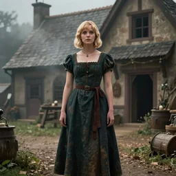 film still of jenna coleman, short blonde hair, wearing medieval peasant dress, outside medieval farmhouse, glamour pose, deep focus, dramatic lighting, octane, mist, steve mccurry, volumetric lighting, 8 k