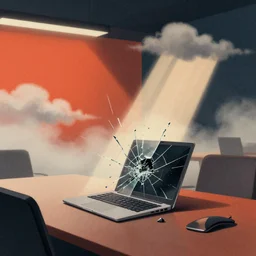 editorial illustration by karolis strautniekas and mads berg, office interior, broken laptop screen, liquid clouds, fog, red orange black blue beige, fine texture, detailed, muted colors, film noir, dramatic lighting, dynamic composition, vivid, matte print, wide angle, shattered glass ( ( sunbeams ) ), moody, studio lighting