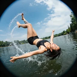 a woman falling at a lake, fast shutter speed, high speed, action photo, 1 / 1 0 0 0 sec shutter, fish - eye lens