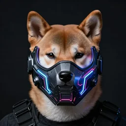 tactical armor anonymous mask, realistic anthropomorphic shiba inu, neon, science fiction, dark, portrait by donato giancola and greg rutkowski and wayne barlow, realistic face