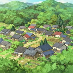 detailed exterior of rural village surrounded by a forest, anime key visual