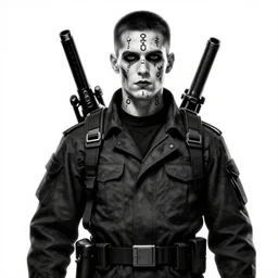 a paranormal soldier, ouija tattoo on face, emp weapons strapped in shoulders, horror sci - fi black and white poster