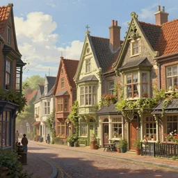 streetview of a magical village on a slow day, inspired by victorian england and amsterdam, sunny weather, highly detailed, intricate, digital painting, trending on artstation, concept art, matte painting, art by greg rutkwowski, craig mullins, octane render, 8 k, unreal engine
