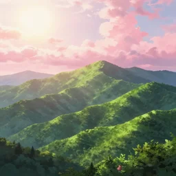 Beautiful green lush mountains under the anime pink clouds backlit by the sun