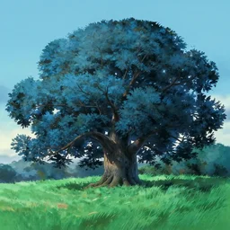 giant ash tree on grass landfield, blue sidelight on trees, matte painting by pixar ghibli studio miyazaki ghibli